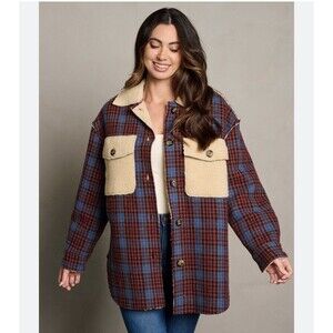 Polagram Sherpa Womens Small Jacket Fleece Oversized Plaid Colorful Grandpa